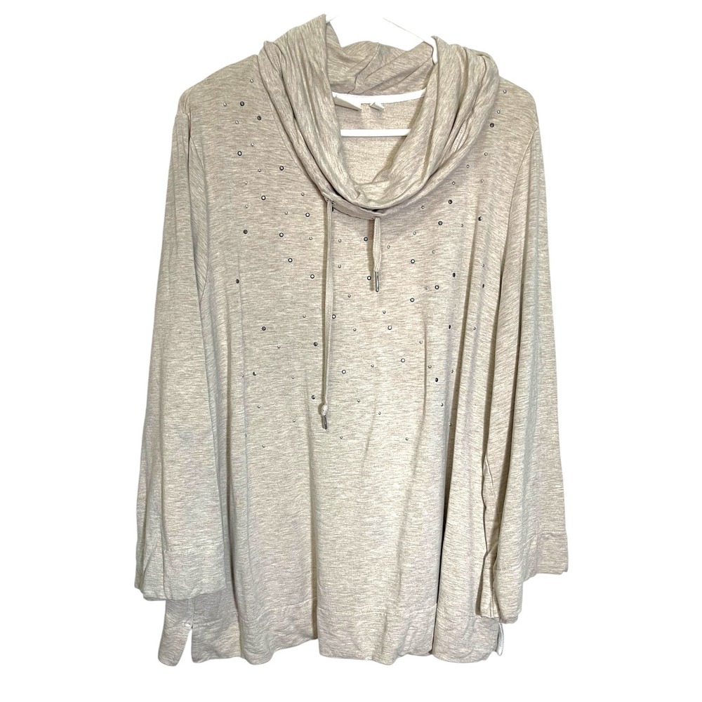 Rafaella 1X Oatmeal Cowl Neck Rhinestone Pullover Top Cozycore Minimalist
